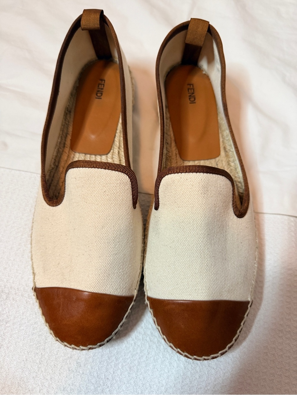 Fendi Canvas & Leather Espadrille Flats - Cream/Tan Size 40 US 9.5/10